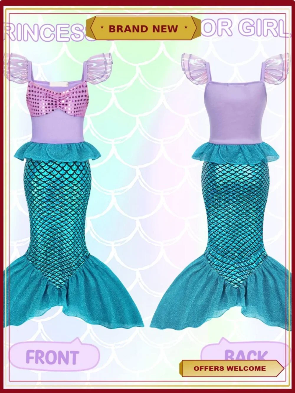 Girls Mermaid Princess Costume Dress Up with Red Wig Cosplay